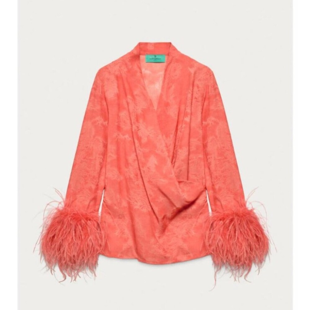 Zara X Marisa Berenson Coral Feather-Cuff Wrap Blouse